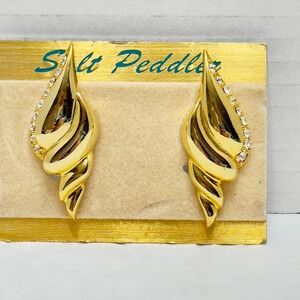 Sea Shell  Salt Pedder Earrings VTG Clip On Gold Tone Pave Rhinestone Shiny 80s